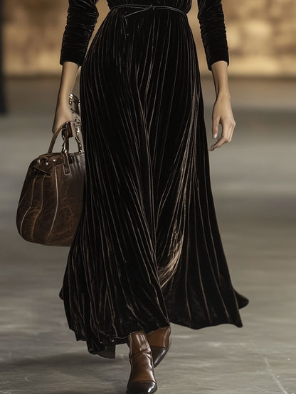 V-Neck Retro Solid Color Belted Velvet Long-Sleeved Maxi Dress