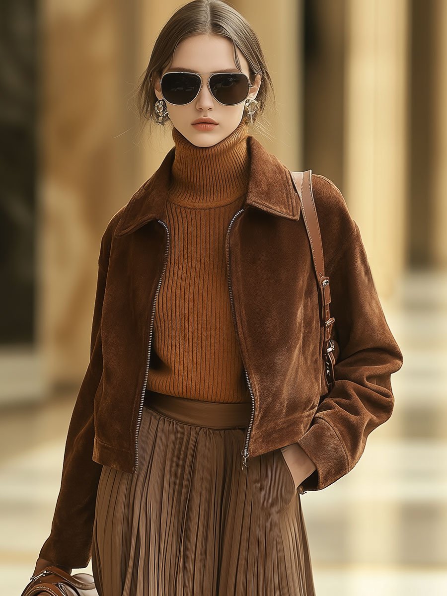 Casual Loose Solid Color Suede Zipper Pocket Short Jacket