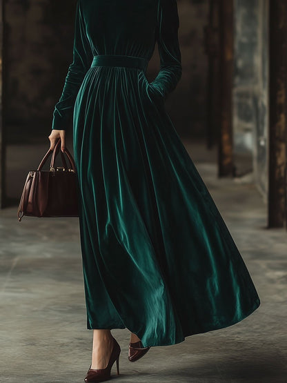 Stand Collar Loose Party Pocket Solid Velvet Long Sleeve Maxi Dress