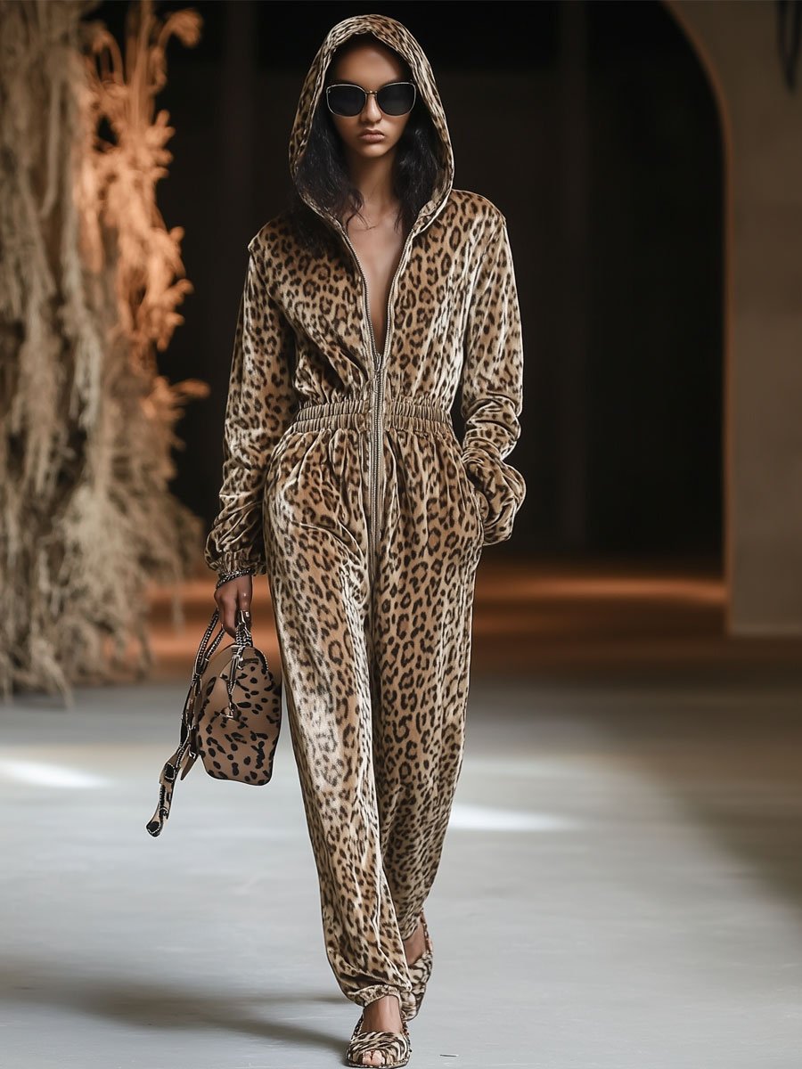 Casual Loose Vintage Velvet Leopard Print Zipper Hooded Jumpsuit
