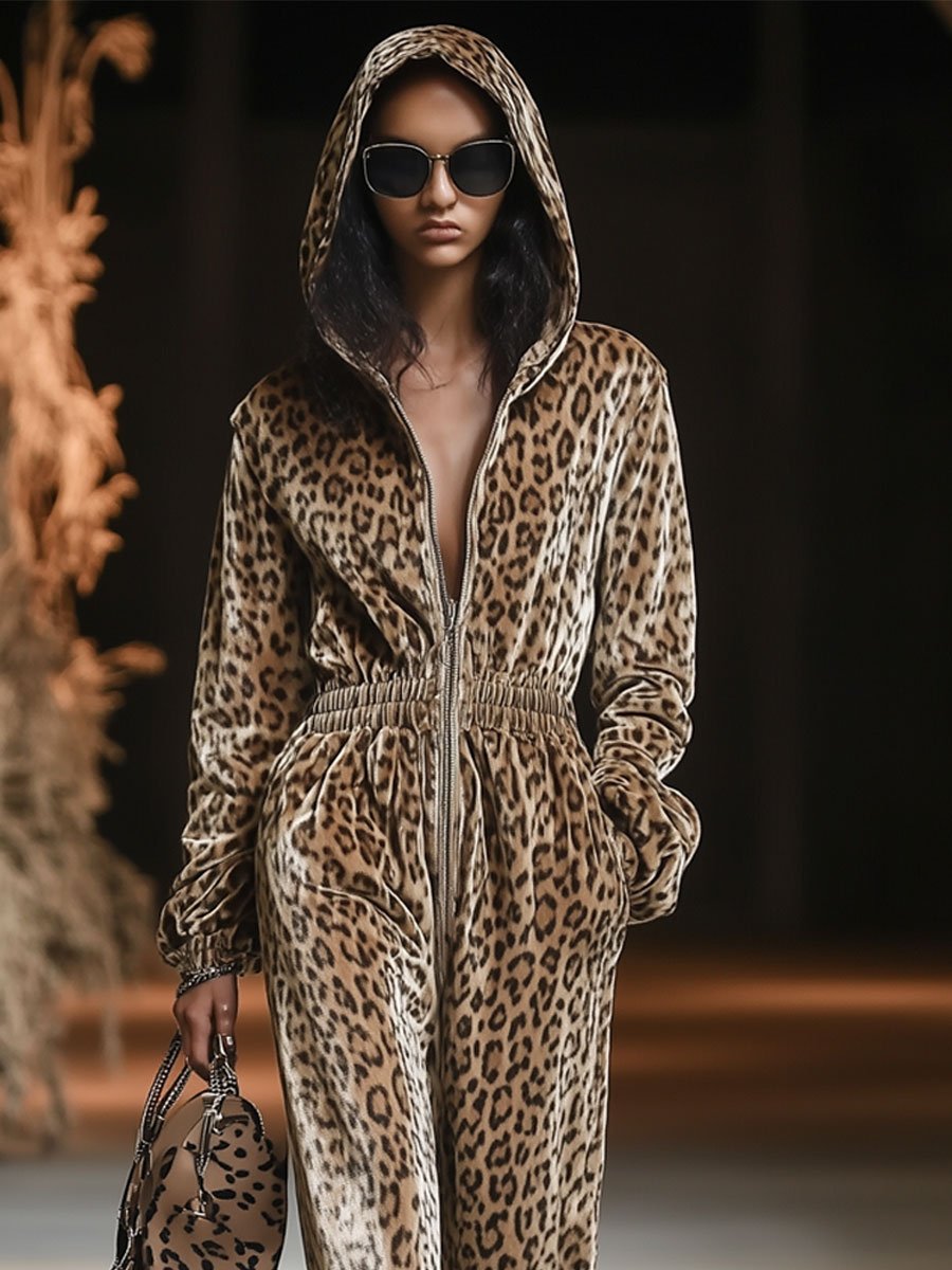 Casual Loose Vintage Velvet Leopard Print Zipper Hooded Jumpsuit