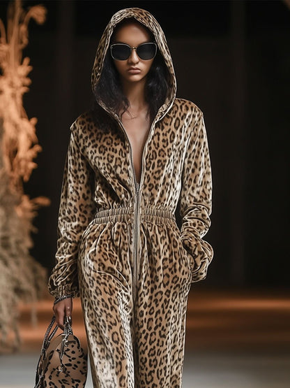 Casual Loose Vintage Velvet Leopard Print Zipper Hooded Jumpsuit