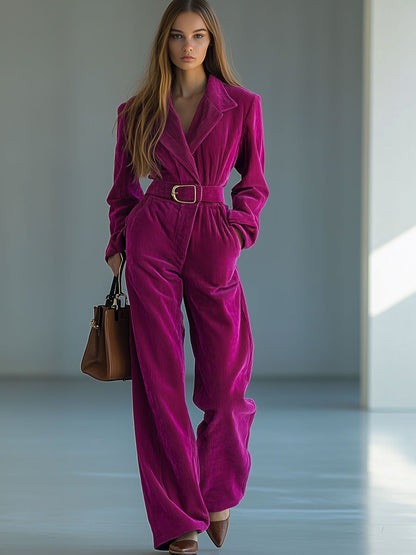 Casual Loose Retro Solid Color Corduroy Lapel Tie Long Sleeve Jumpsuit