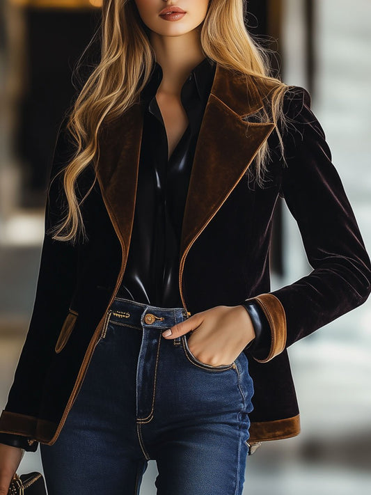 Casual Loose Vintage Velvet Colorblock Lapel Pocket Blazer