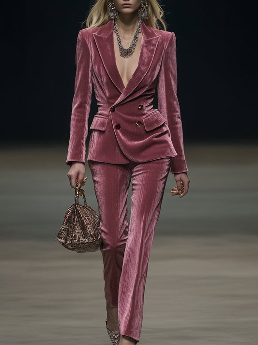 Vintage Elegant Rose Pink Velvet Suit