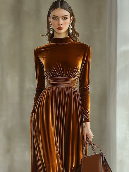 Solid Color Simple Party Long Sleeve Half Turtleneck Maxi Dress
