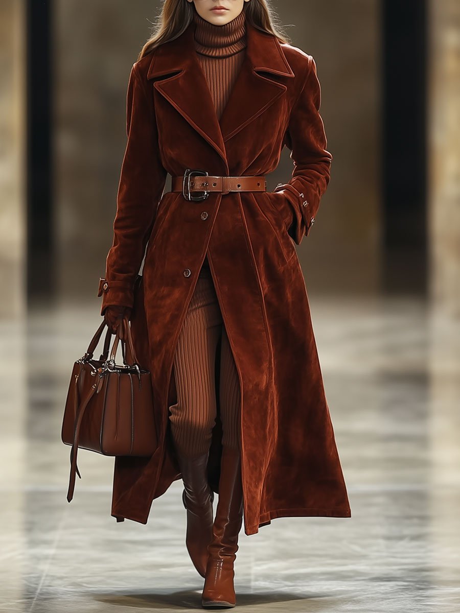 Casual Loose Vintage Angora Red Suede Pocket Lapel Extra Long Coat