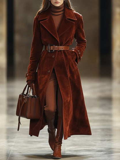 Casual Loose Vintage Angora Red Suede Pocket Lapel Extra Long Coat