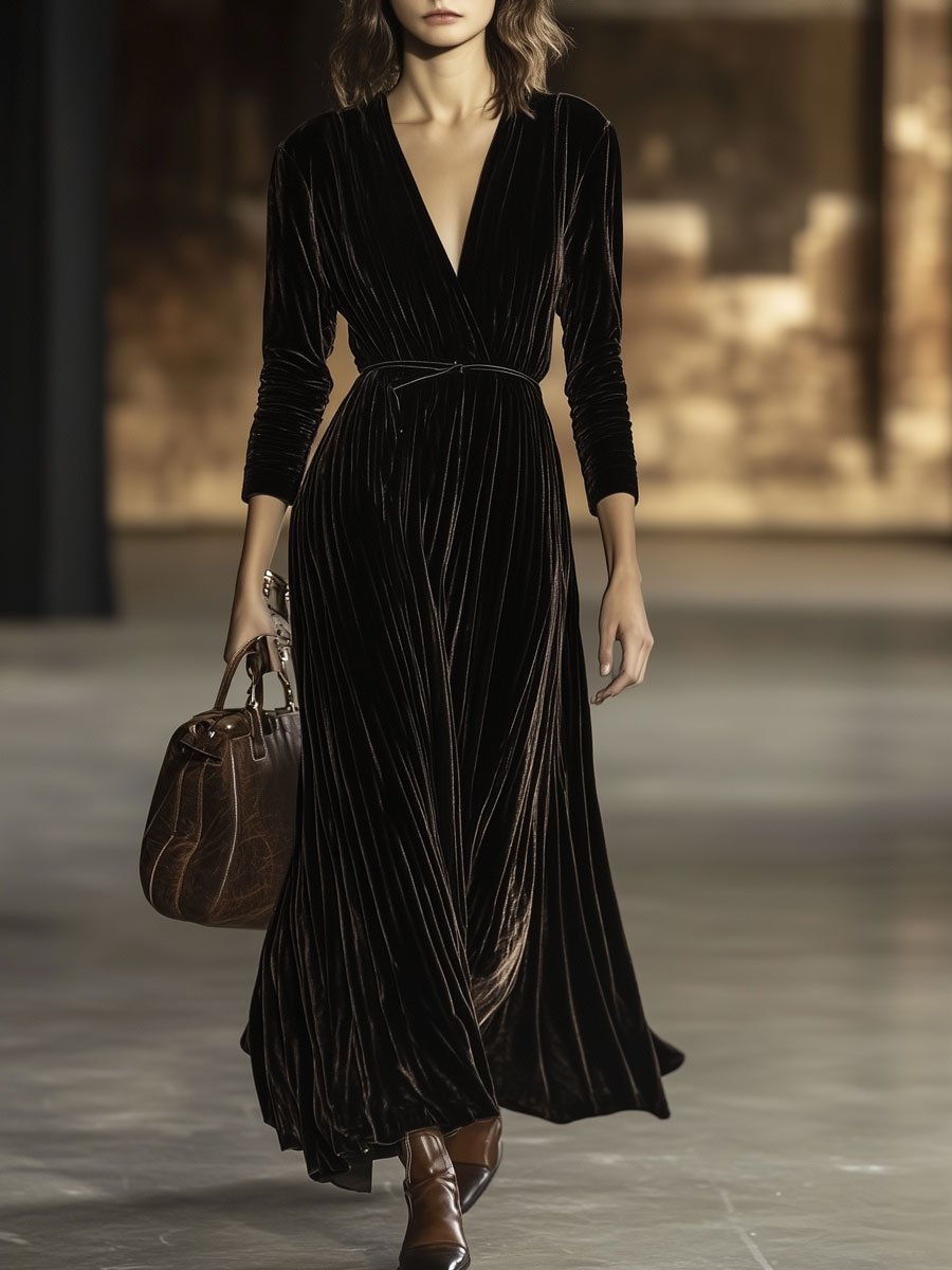 V-Neck Retro Solid Color Belted Velvet Long-Sleeved Maxi Dress