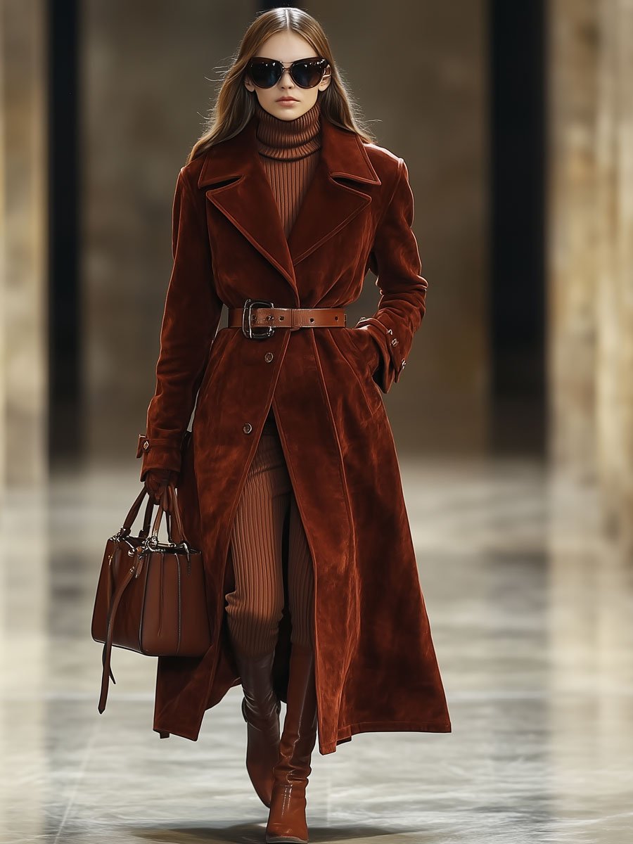 Casual Loose Vintage Angora Red Suede Pocket Lapel Extra Long Coat