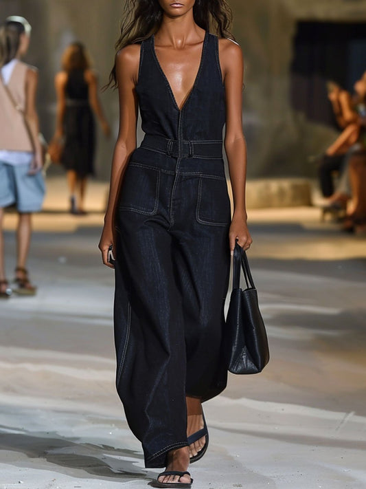V-Neck Retro Casual Loose Sleeveless Wide-Leg Denim Jumpsuit