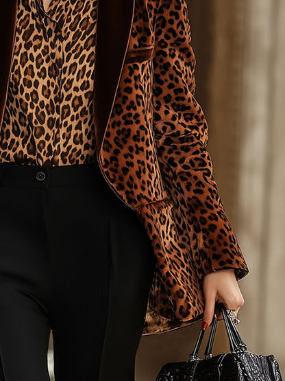 Casual Loose Retro Velvet Leopard Print Lapel Blazer