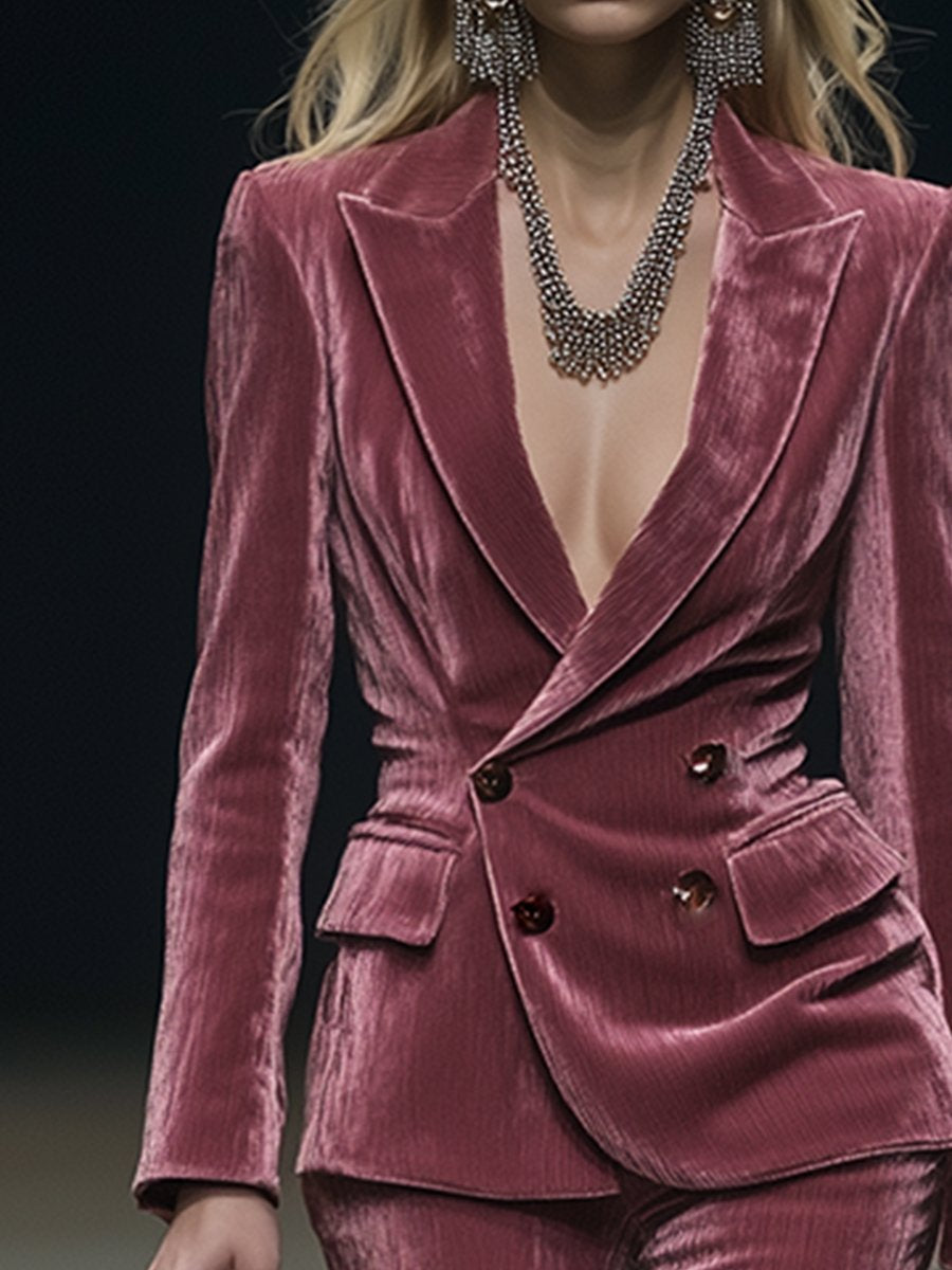Vintage Elegant Rose Pink Velvet Suit