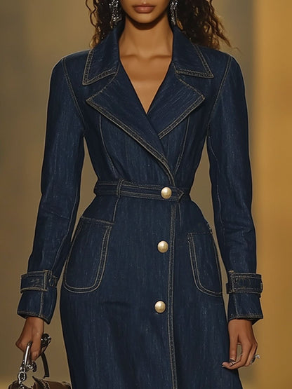 Casual Retro Pocket Denim Long Sleeve Dress Style Trench Coat