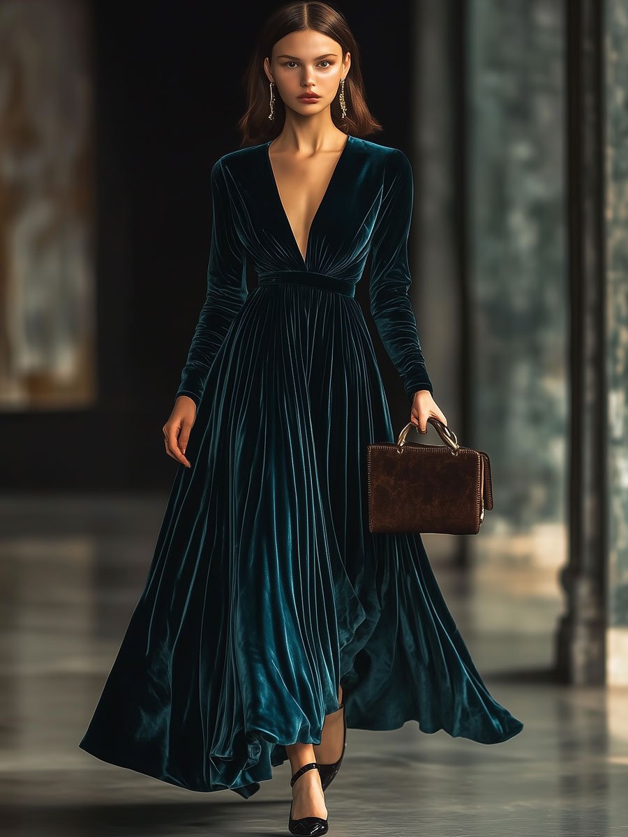 V-Neck Fashion Party Solid Color Velvet Long-Sleeved Maxi Dress
