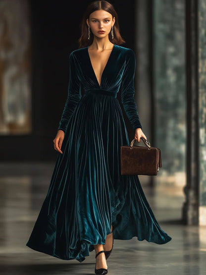 V-Neck Fashion Party Solid Color Velvet Long-Sleeved Maxi Dress