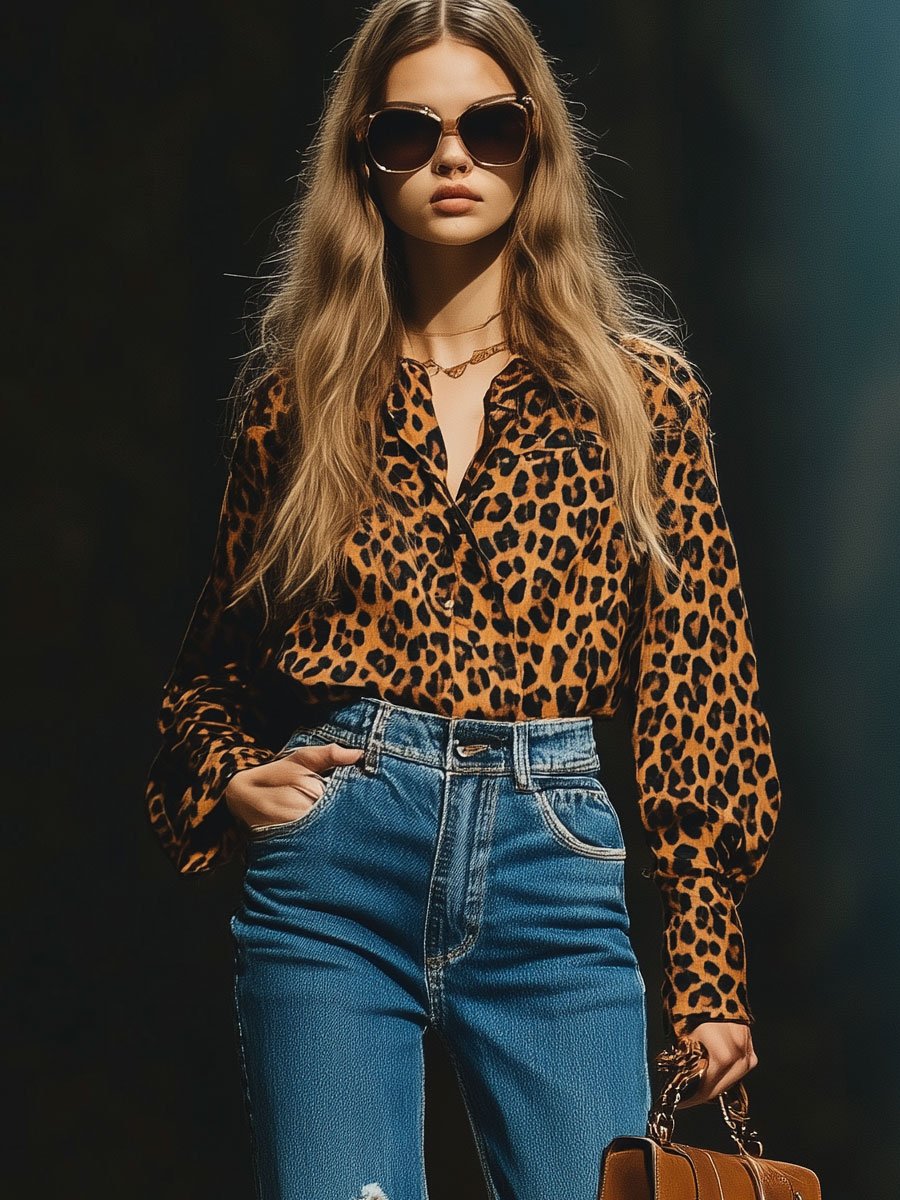 Casual Loose Vintage Velvet Leopard Print Long Sleeve Blouse