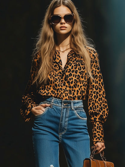 Casual Loose Vintage Velvet Leopard Print Long Sleeve Blouse