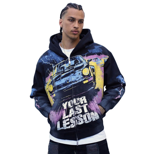 Last Lesson Car Black Zip-Up Hoodie