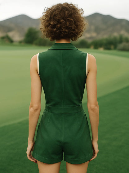 Suede Lapel Zipper Multi-Pocket Sleeveless Cropped Jumpsuit