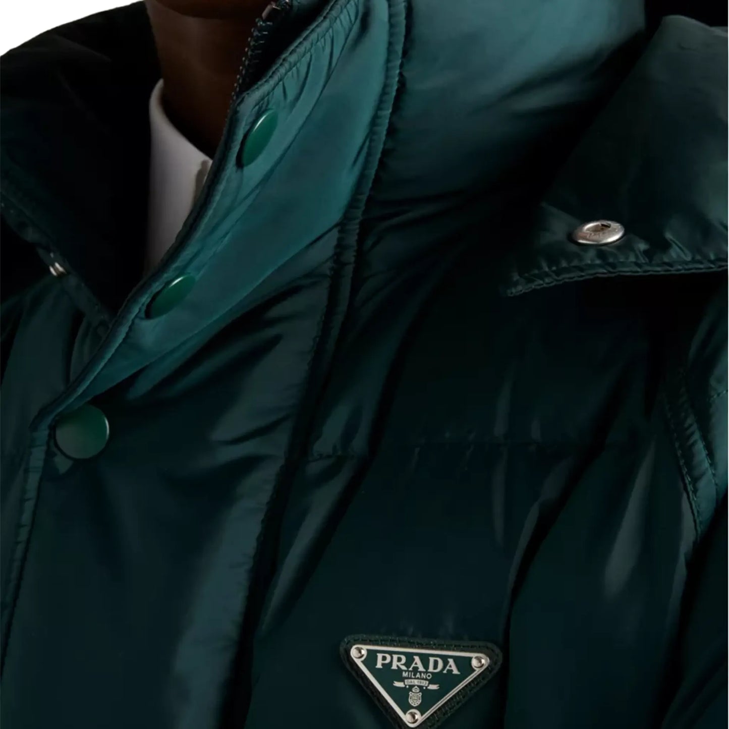 Prada Re-Nylon Plaque Cropped Green Down Jacket