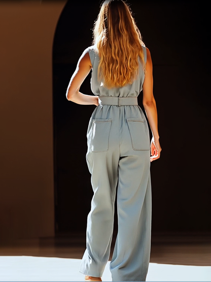Casual Retro Gray-blue Tencel Denim Pocket Overalls