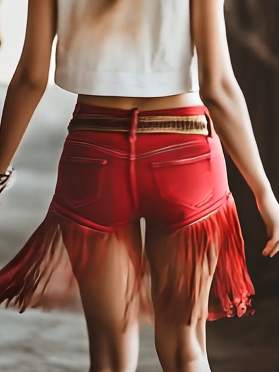 Western Vintage Red Tassel Shorts