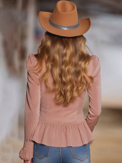 Western Pink Faux Suede V-neck Ruffled Top