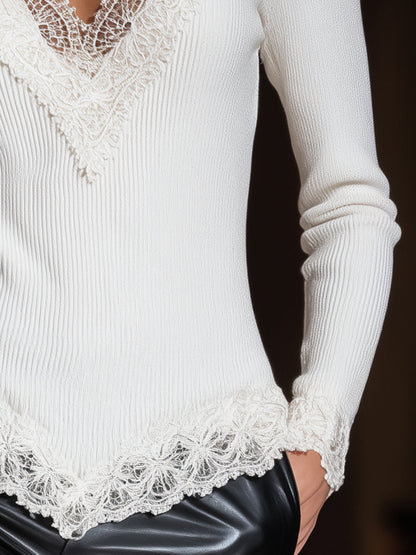 Stylish White Knitted V-neck Patchwork Lace Sweater